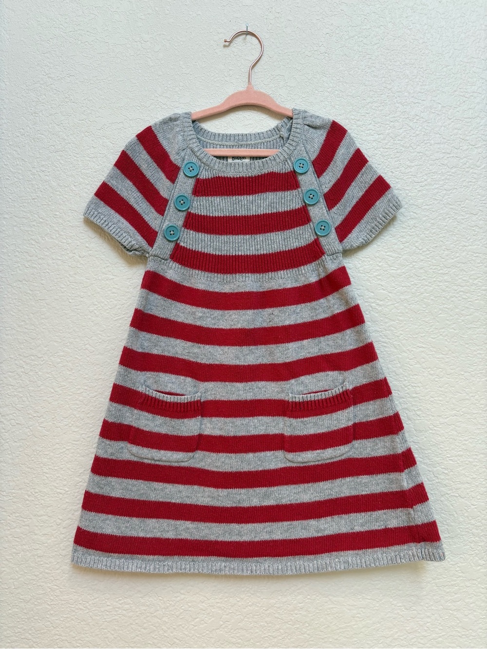 Mini Boden Girls Cashmere Blend Grey & Red Striped Knit Dress with Teal Buttons